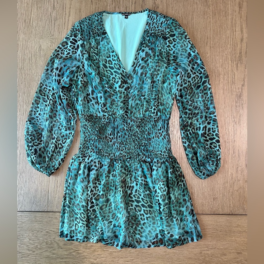 Guess Green Animal Print Long Sleeve V-Neck Midi Dress Size Medium - Picture 4 of 10
